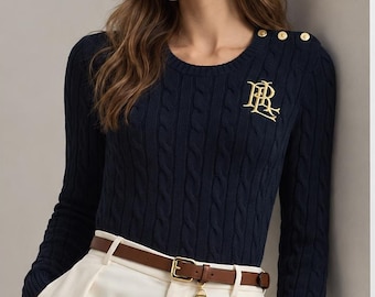Cable Knit Cotton Pullover Crew Neck, Buttons-Trim, Embroidered Polo Ralph Lauren Inspired