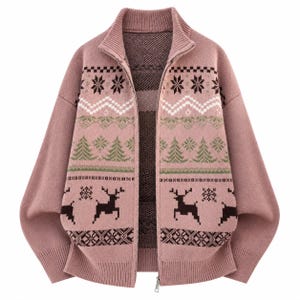May include: A dusty pink knit zip-up sweater featuring a high collar and long sleeves. The front displays a repeating pattern of dark brown reindeer, green pine trees, white zigzag lines, and geometric snowflake motifs in a horizontal layout.