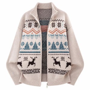 May include: A beige zip-up knit sweater featuring a high collar and long sleeves. The front panels display a repeating pattern of dark brown reindeer, blue pine trees, and geometric snowflake motifs in shades of brown, blue, and orange.