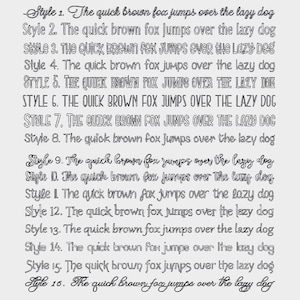 May include: A graphic showing 16 different styles of the phrase "The quick brown fox jumps over the lazy dog". Each style is numbered and features a different font and capitalization.