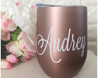 Personalized Name Coffee Cup - Rose Gold Customized Cup - 12 oz Cup - Stainless Steel Stemless Travel Tumbler - Press-In Lid - 15 Cup Colors