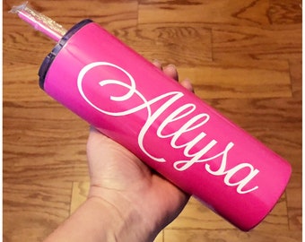 Hot Pink Cup with Straw - 20 oz Skinny Tumbler with Lid - Personalized Coffee Cup - Customized Water Tumbler - Vinyl Name Personalization