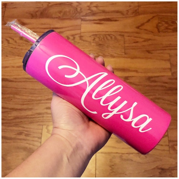 Hot Pink Cup With Straw 20 Oz Skinny Tumbler With Lid Personalized Coffee  Cup Customized Water Tumbler Vinyl Name Personalization 
