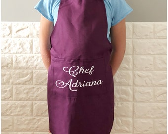 Personalized Child Apron - Iron On Name Kitchen Apron - Customized Kids Baking Accessory - Custom Chef Apron - Little Girl Purple Apron