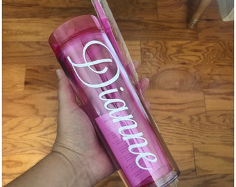 Personalized Name Tumbler - Gift for Bridesmaid - Pink Skinny Tumbler 16 oz - BPA Free - Customized Tall Water Cup with Straw and Lid