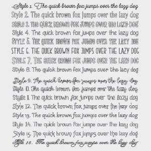May include: A graphic showing 16 different styles of the phrase "The quick brown fox jumps over the lazy dog". Each style is numbered and features a different font and capitalization.