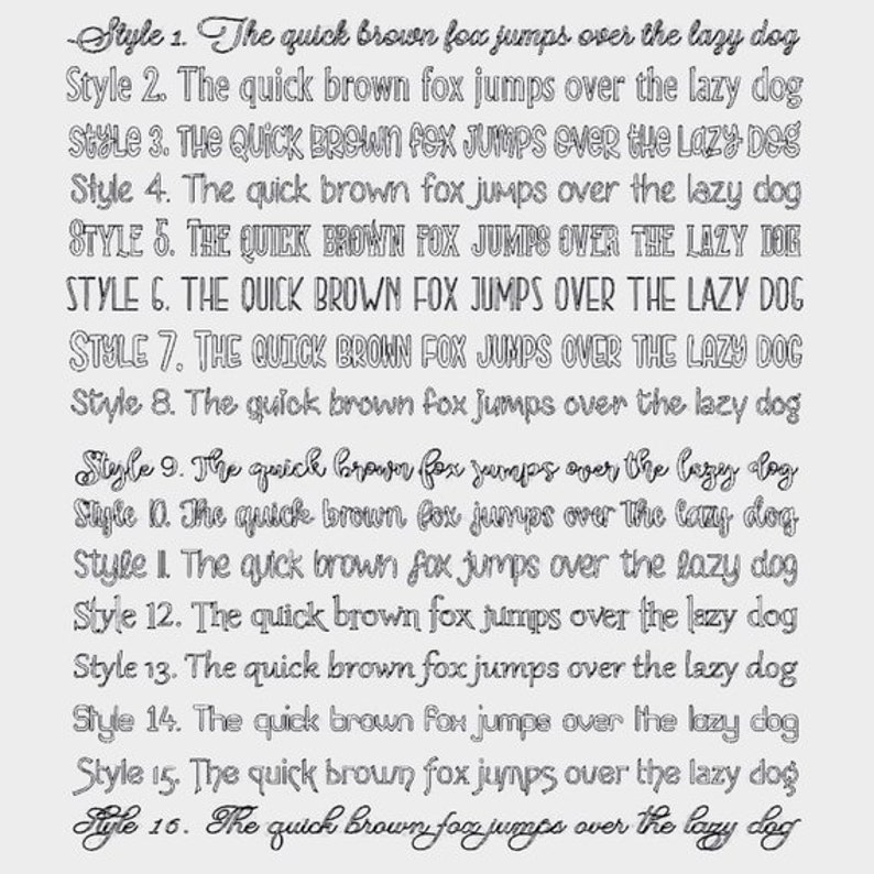 May include: A graphic showing 16 different styles of the phrase "The quick brown fox jumps over the lazy dog". Each style is numbered and features a different font and capitalization.