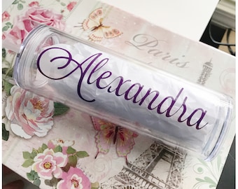 Personalized Tumbler - Clear Skinny Tumbler 16 oz - BPA Free - Customized Water Cup with Straw and Lid - Glossy Vinyl Name - Tall Drinkware