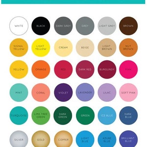 May include: A chart of glossy vinyl colors in a circle format. The colors are organized by category: white, black, grey, brown, yellow, orange, red, pink, mint, coral, violet, lavender, turquoise, green, blue, silver, gold, copper. The text "GLOSSY VINYL COLORS" is at the top of the chart. The text "METALLICS" is at the bottom of the chart.