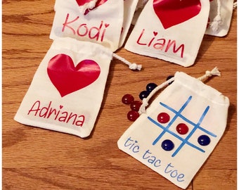 Personalized Tic Tac Toe Game - Kids Valentine's Day Exchange Gift - Customized Tic Tac Toe Bag with Color Marbles - Drawstring Travel Game