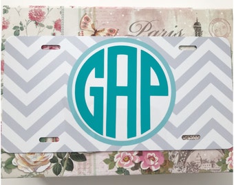 Personalized License Plate - Classic Circle Monogram Alphabet - Monogrammed Vinyl Decal License Plate - Chevron Design - Car Front Plate Tag