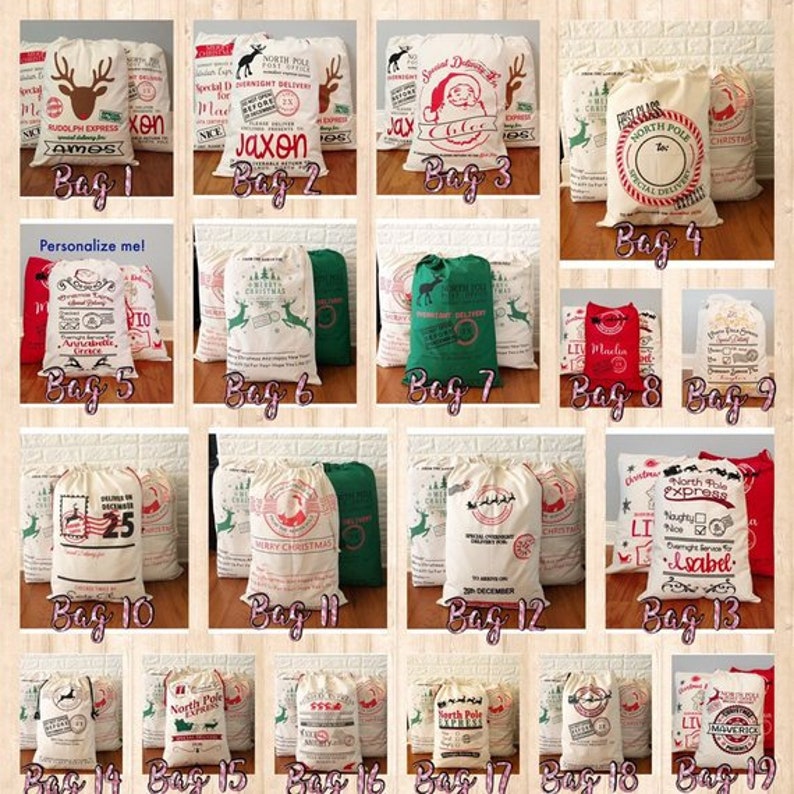 May include: A collection of 19 personalized Christmas gift bags with various designs and colors. The bags are made of burlap and feature festive themes like Santa Claus, reindeer, and Christmas trees. The bags are labeled with numbers 1 through 19.