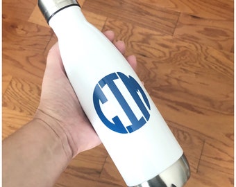 White Custom Bottle - 17oz Thermal Twist Cap Bottle - Round Monogram Bottle - White Stainless Steel Bottle - Vinyl Monogram Bottle