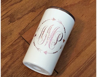 White Mini Cup - Rose Gold Monogram - Circle Arrow Frame - Personalized Mini Tumbler - Coffee Tumbler - 12 oz Double Wall Vacuum Sealed