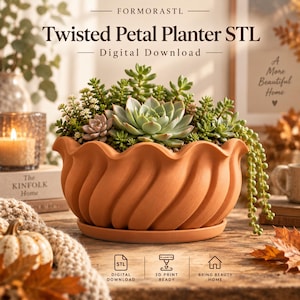 May include: A terracotta-colored planter with a twisted, petal-like exterior design and a matching circular base. The planter is filled with various green succulents. Text on the image reads: FORMORASTL Twisted Petal Planter STL Digital Download.