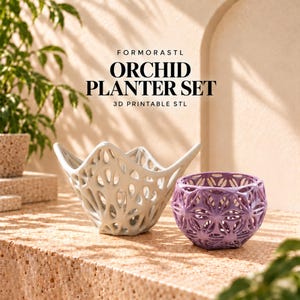 Puede incluir: Un conjunto de dos maceteros con el texto FORMORASTL ORCHID PLANTER SET 3D PRINTABLE STL. Uno es de color gris claro con una estructura de red orgánica, y el otro es un cuenco morado más pequeño con un patrón floral geométrico.