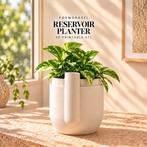 May include: A matte off-white reservoir planter with a cylindrical body and a vertical side spout, containing a variegated green and yellow pothos plant. Text above reads: FORMORASTL RESERVOIR PLANTER 3D PRINTABLE STL.