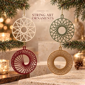May include: Four circular string art ornaments hanging from pine branches. The ornaments are white, dark green, deep red, and gold, featuring geometric patterns. Text reads: FORMORA STL STRING ART ORNAMENTS 4 DESIGNS 3D PRINTABLE STL.
