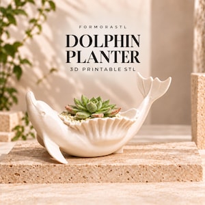 May include: A white dolphin-shaped planter with a textured surface, featuring a green succulent plant inside. The text above reads FORMORASTL DOLPHIN PLANTER 3D PRINTABLE STL. The dolphin has a curved tail and fins, with a scalloped edge along the top.