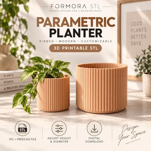 May include: Two cylindrical planters with a vertical ribbed texture in a light peach colour. The smaller planter holds a green leafy plant. Text on the image includes FORMORA STL, PARAMETRIC PLANTER, RIBBED, MODERN, CUSTOMIZABLE, 3D PRINTABLE STL, STL + FREECAD FILE, ADJUST HEIGHT & DIAMETER, DIGITAL DOWNLOAD, and Design Your Space.