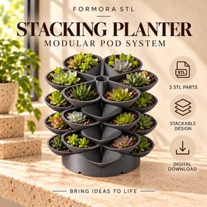May include: A dark gray modular stacking planter with multiple tiers of individual pods, each containing various green succulents. The text reads FORMORA STL STACKING PLANTER MODULAR POD SYSTEM, 3 STL PARTS, STACKABLE DESIGN, DIGITAL DOWNLOAD, BRING IDEAS TO LIFE.