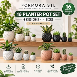 Puede incluir: Un conjunto digital de 16 macetas, con 4 diseños y 4 tamaños para impresión 3D. La imagen muestra varias macetas texturizadas en blanco, negro y color melocotón con plantas de interior, incluyendo el texto FORMORA STL.