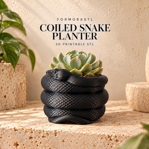 May include: A black planter shaped like a coiled snake with a textured scale pattern, containing a green succulent. The text above reads FORMORASTL COILED SNAKE PLANTER 3D PRINTABLE STL.