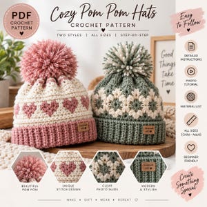 Hat crochet pattern english pdf for children and adults cozy pom pom winter beanie instant download digital product
