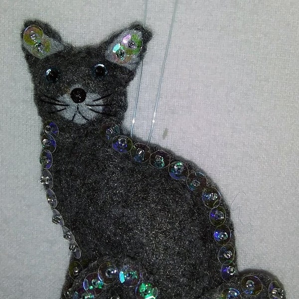 Russian Blue Cat Felt Ornament Hand Sewn Beaded Sequined Christmas Ornament Siamese Cat also available sold separately