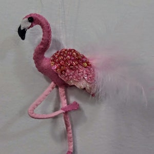 Florence Flamingo Felt Hanging Ornament Hand Made beaded and sequined flamingo  pink ornament Decorated on both sides