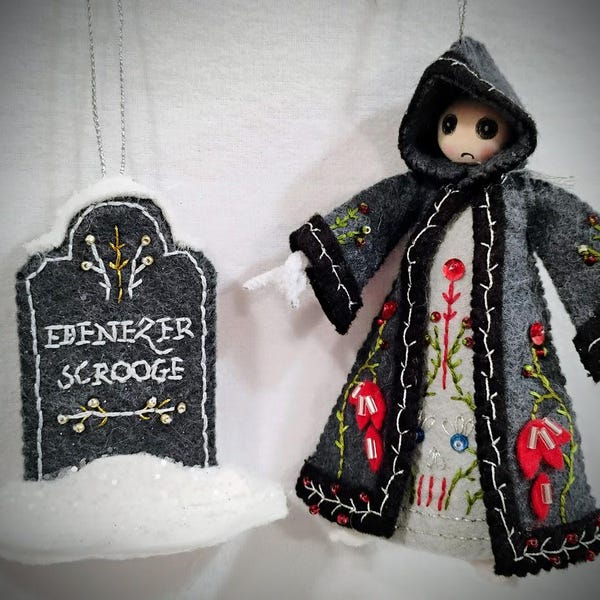 Handmade Christmas Carol Felt Ornament, Ghost of Christmas Future Set made to order