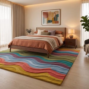 Colorful Wavy Rug, Hand Tufted Wool Area Rug With Abstract Wave Pattern ...