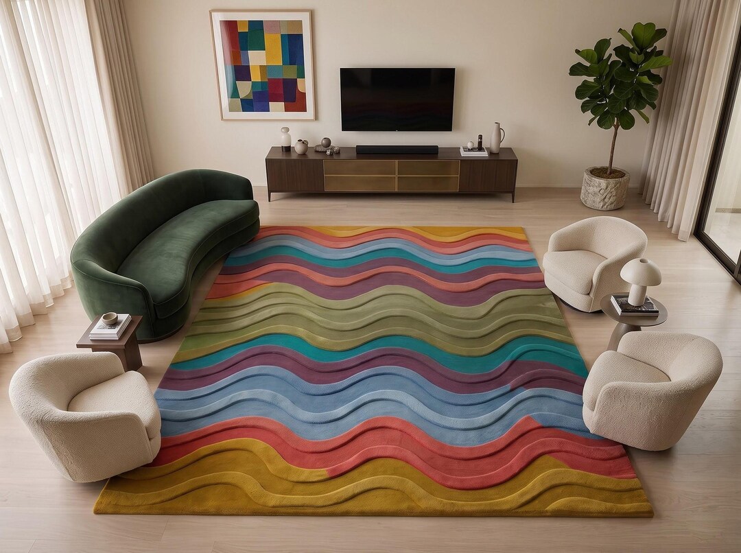 Colorful Patterned Rug Colorful Wavy Rug, Hand Tufted Wool Area Rug With Abstract Wave Pattern ...