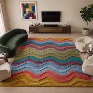 Colorful Wavy Rug, Hand Tufted Wool Area Rug With Abstract Wave Pattern ...