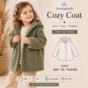 May include: A digital PDF sewing pattern for a hooded coat titled Cozy Coat by SewlingStudio. The image displays a child wearing an olive green textured fleece coat, a technical line drawing of the coat, and text indicating sizes 6M-10 years.