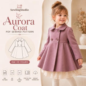 Può includere: Un cappotto color malva a doppio petto con colletto arrotondato e maniche lunghe, indossato da un bambino. L'immagine include il testo: SewlingStudio Aurora Coat PDF SEWING PATTERN, 6M-10 YEARS, PDF PATTERN, A4 SIZE, US LETTER SIZE, STEP-BY-STEP GUIDE, INSTANT DOWNLOAD.