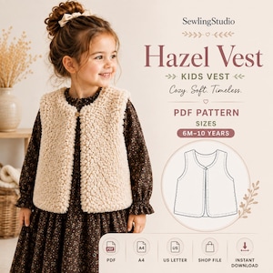 Könnte beinhalten: Eine beige, texturierte, ärmellose Weste mit einem einzelnen Knopfverschluss. Der Text lautet SewlingStudio Hazel Vest, Kids Vest, Cozy. Soft. Timeless. PDF Pattern, Sizes 6M-10 Years, PDF, A4, US Letter, Shop File, Instant Download.