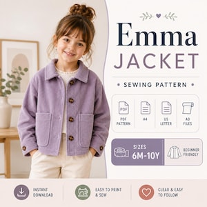 Peut inclure: Un patron de couture numérique pour la veste Emma, présentant une veste en velours côtelé lavande avec un col, des boutons sur le devant et deux poches. Le graphique inclut du texte pour les fichiers PDF, A4, US Letter et A0, tailles 6M-10Y.