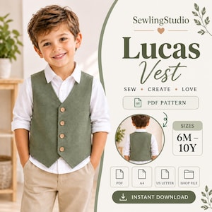 Op de afbeelding: Een digitaal naaipatroon voor een Lucas-vest van SewlingStudio. De afbeelding toont een kind in een saliegroen vest over een wit overhemd, met tekst die de beschikbaarheid van het PDF-patroon in de maten 6M tot 10Y, A4 en US Letter aangeeft.