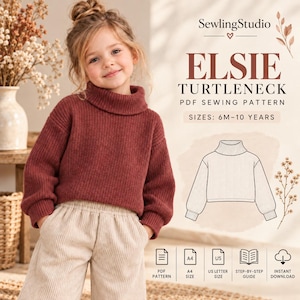 Könnte beinhalten: Ein digitales Schnittmuster für den Elsie Rollkragenpullover, der ein geripptes Strickpullover-Design für die Größen 6 Monate bis 10 Jahre zeigt. Die Grafik enthält das SewlingStudio-Logo, Text, eine technische Skizze des Pullovers und PDF-Icons.