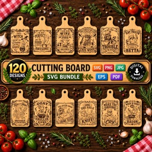 May include: A digital collection of 120 cutting board designs featuring various humorous illustrations and text, including phrases like This Witch Doesn't Do Drama, I'm Not Perfect, and Eat Pasta Feel Betta, presented in SVG, PNG, JPG, EPS, and PDF formats.