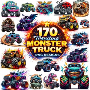 May include: A digital collection of 170 monster truck PNG designs featuring various colorful trucks with oversized tires, some with themes like flames, animals, and skulls, centered around a large circular graphic with the text 170 Trending Monster Truck PNG Designs.