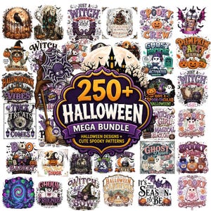 Peut inclure: Une collection numérique de plus de 250 motifs graphiques sur le thème d'Halloween avec des citrouilles, des fantômes, des sorcières, des maisons hantées et des chauves-souris. L'emblème central affiche le texte 250+ HALLOWEEN MEGA BUNDLE.