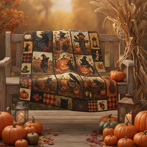 May include: A patchwork quilt featuring a Halloween theme with illustrations of black cats, pumpkins, scarecrows, crows, and autumn leaves. The quilt is draped over a wooden bench, showcasing a grid of squares with orange, black, and brown tones.