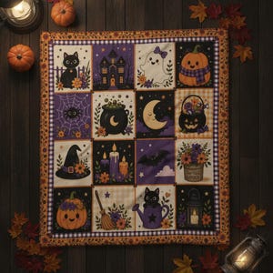 May include: A square quilt featuring a grid of sixteen panels with Halloween-themed illustrations including a black cat, haunted house, ghost, pumpkin, spider web, cauldron, crescent moon, witch hat, candles, bat, broom, and a lantern.