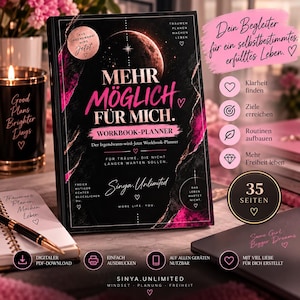 Può includere: Un workbook-planner nero intitolato Mehr Möglich Für Mich con accenti rosa e oro, caratterizzato da una grafica lunare, testi sulla pianificazione della vita e un'indicazione di 35 pagine. La copertina riporta il marchio Sinya Unlimited e varie frasi motivazionali.