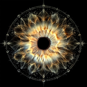 May include: A circular digital artwork featuring a central black pupil surrounded by a golden and white iris with petal-like structures. The design is enclosed within a thin geometric ring adorned with small spheres and fine lines on a black background.