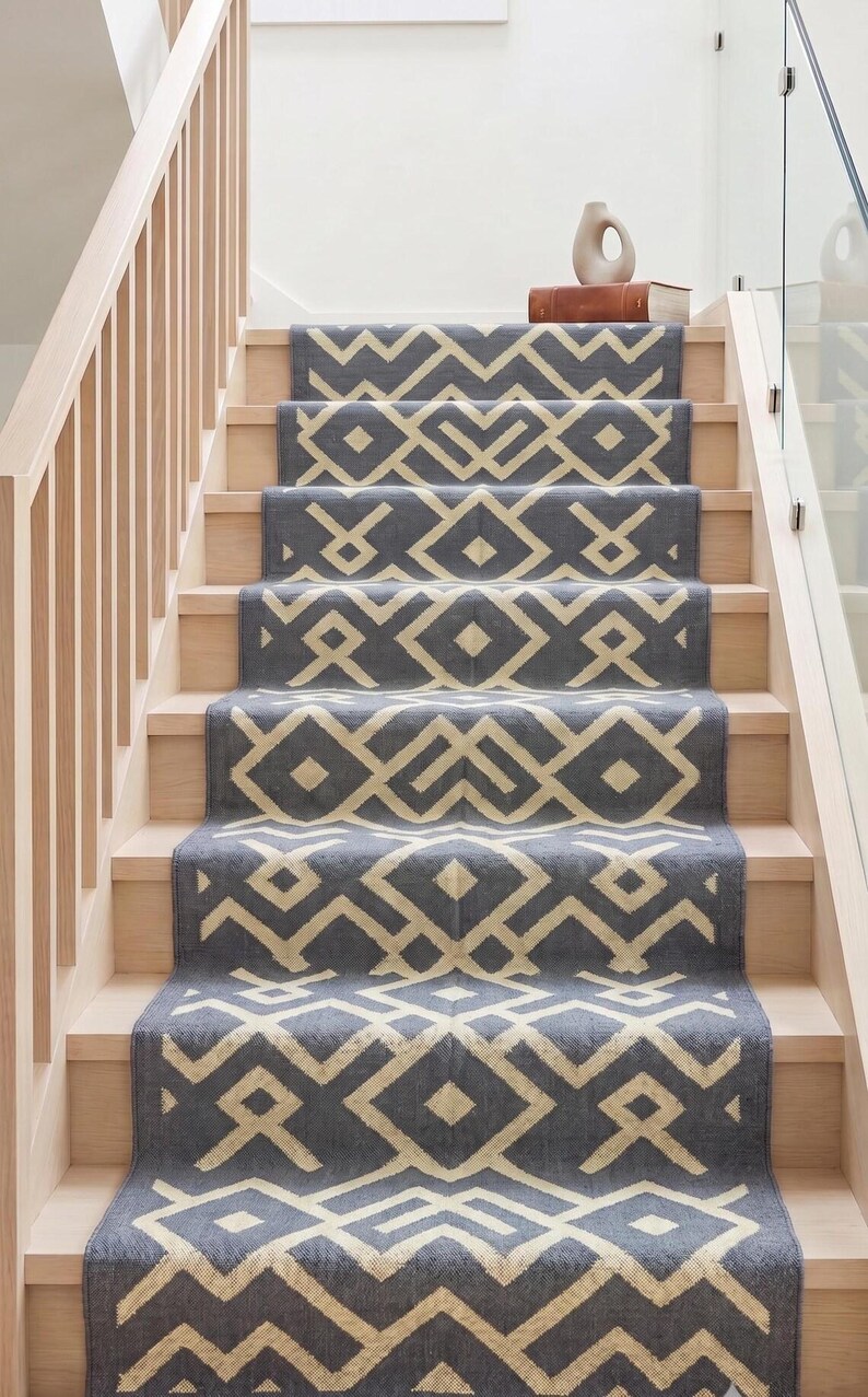 Geometric Pattern Railing Geometric Wool Stair Runner: Blue & Cream Diamond Pattern - Etsy