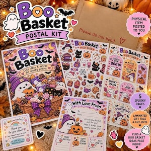 May include: A Boo Basket postal kit featuring a collection of Halloween-themed paper goods. The set includes a guide with cute ideas, sheets of colourful cut-outs, gift tags, and a greeting card, all decorated with ghosts, pumpkins, and cats.