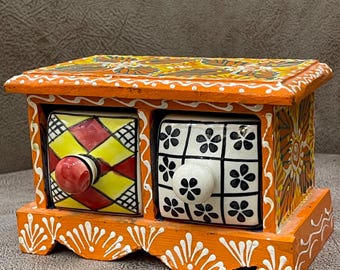 Hand-Painted Wooden Spice Rack | Indian Folk Art Kitchen Organizer (2 Drawers)